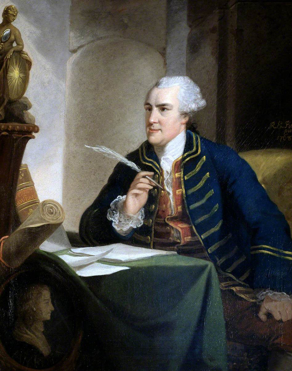 John Wilkes seated at a writing table, holding a quill