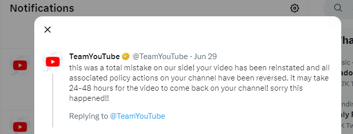 Team YouTube admitting an error and restoring a channel