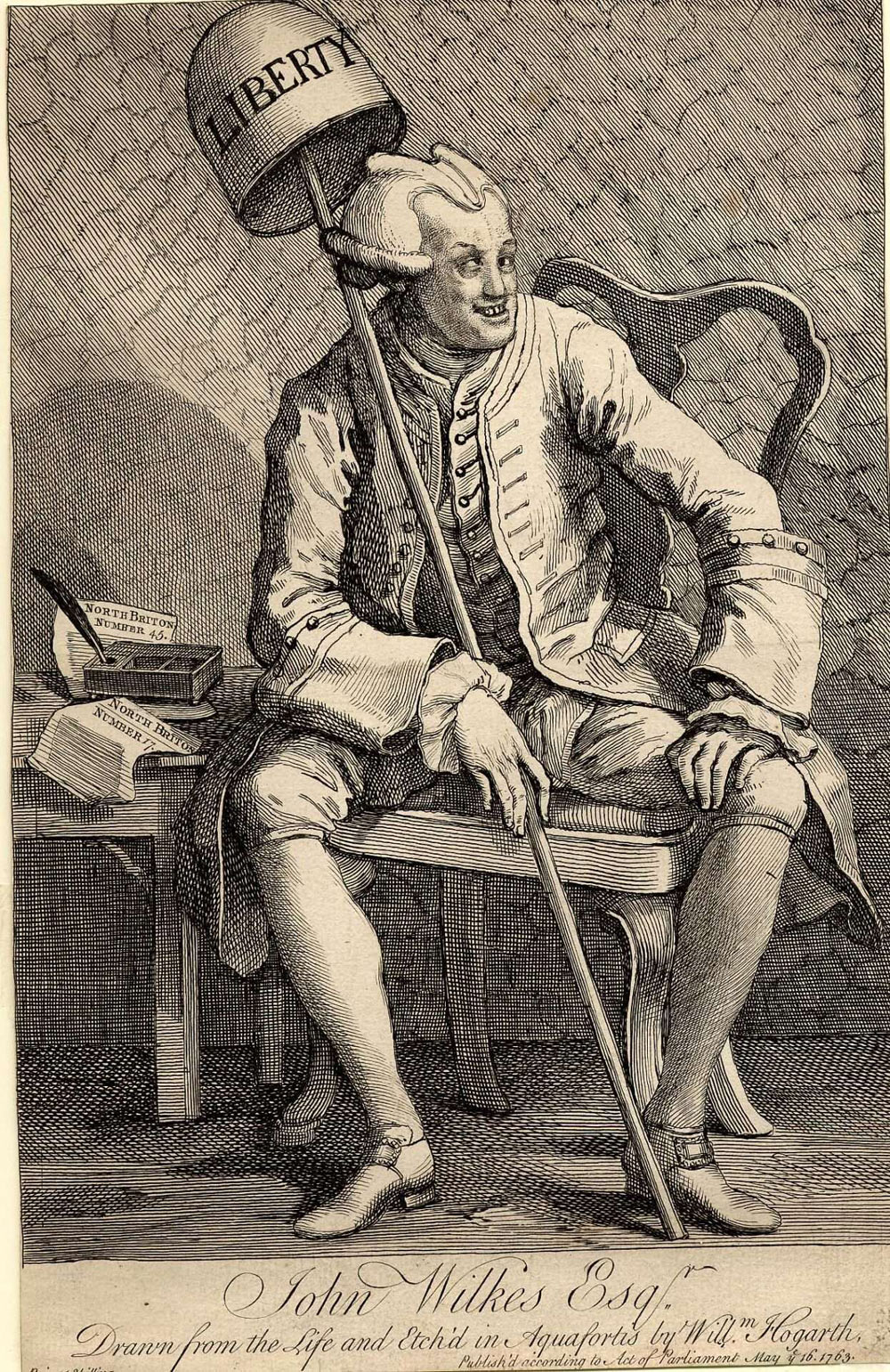 John Wilkes Esq., etched by William Hogarth, holding the cap of Liberty