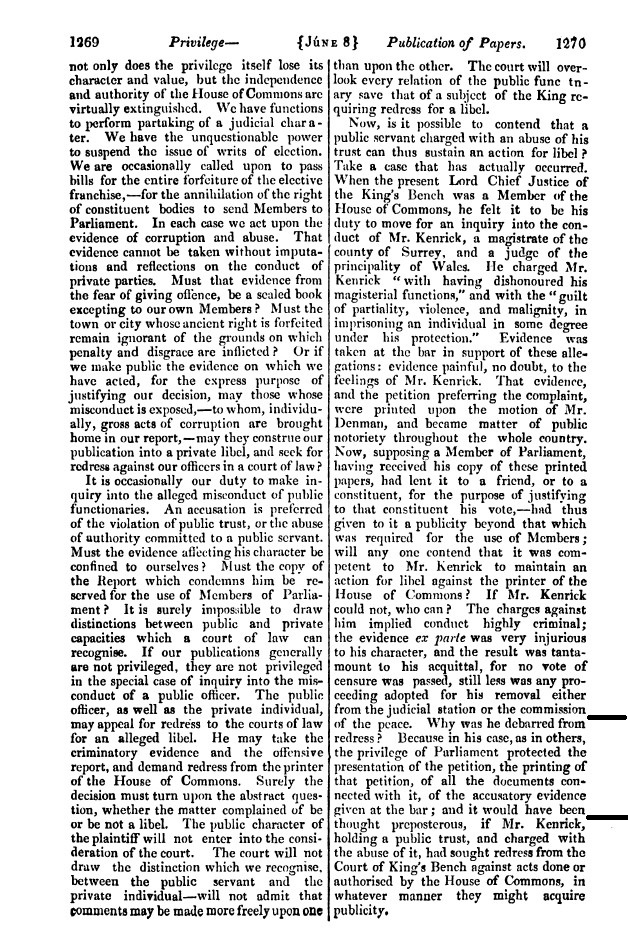 Hansard Journal — Publication of Papers, privilege