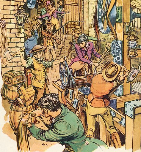 Luddites smashing machines in a textile mill
