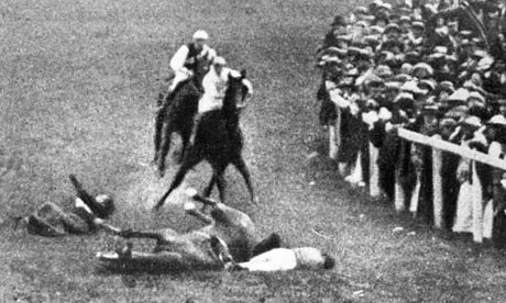 Emily Wilding Davison after being struck by the King's horse at the Epsom Derby