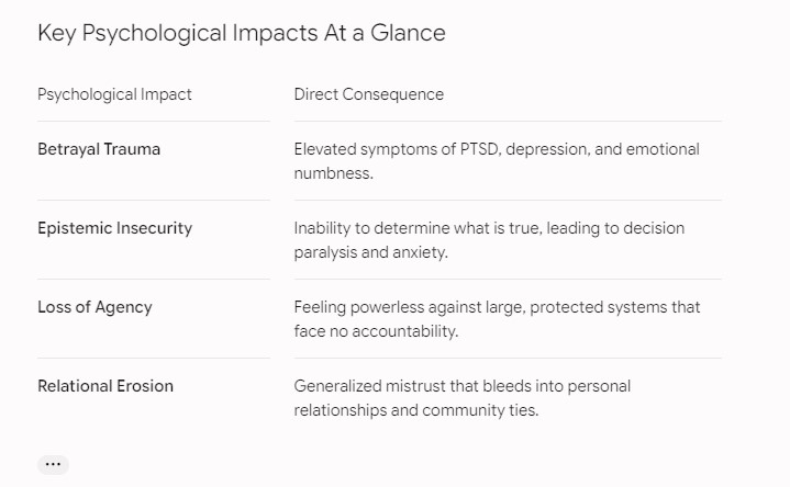Psychological impacts and direct consequences table