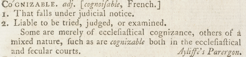Samuel Johnson A Dictionary of the English Language, 1773: Cognizable
