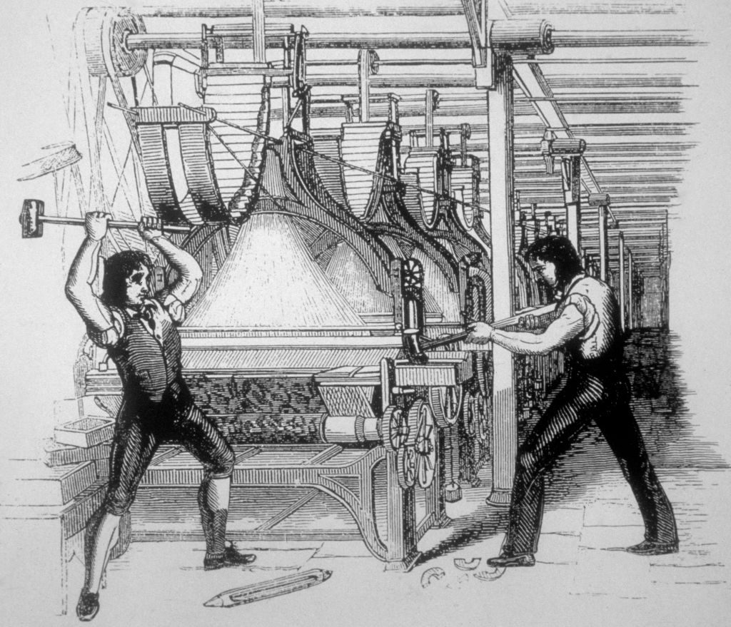 Frame breaking 1812 — Luddite machine breaking engraving