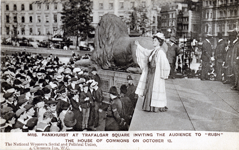 Mrs Pankhurst at Trafalgar Square inviting the audience to 'Rush' the House of Commons, October 13