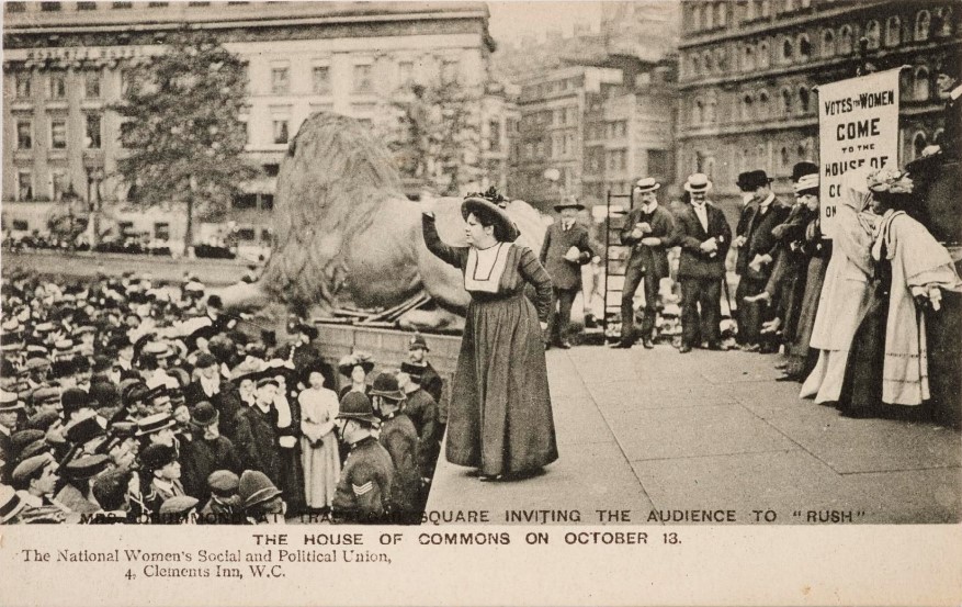 Mrs Drummond at Trafalgar Square inviting the audience to 'Rush' the House of Commons, October 13